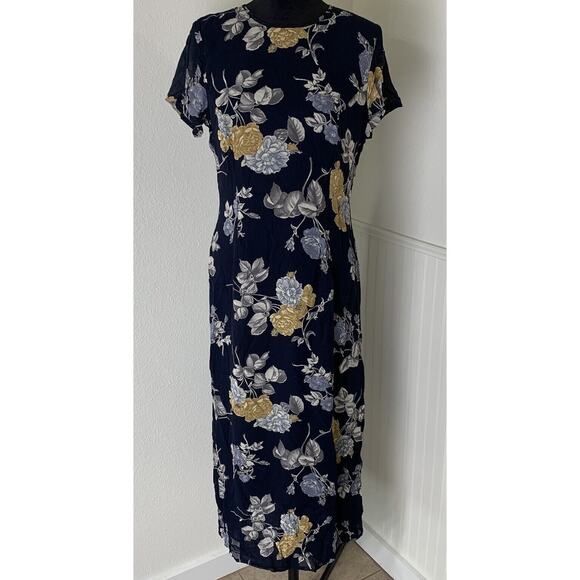 Laura Ashley Vintage Dress Short Sleeve Lined Blue Floral Midi Sz 8‎